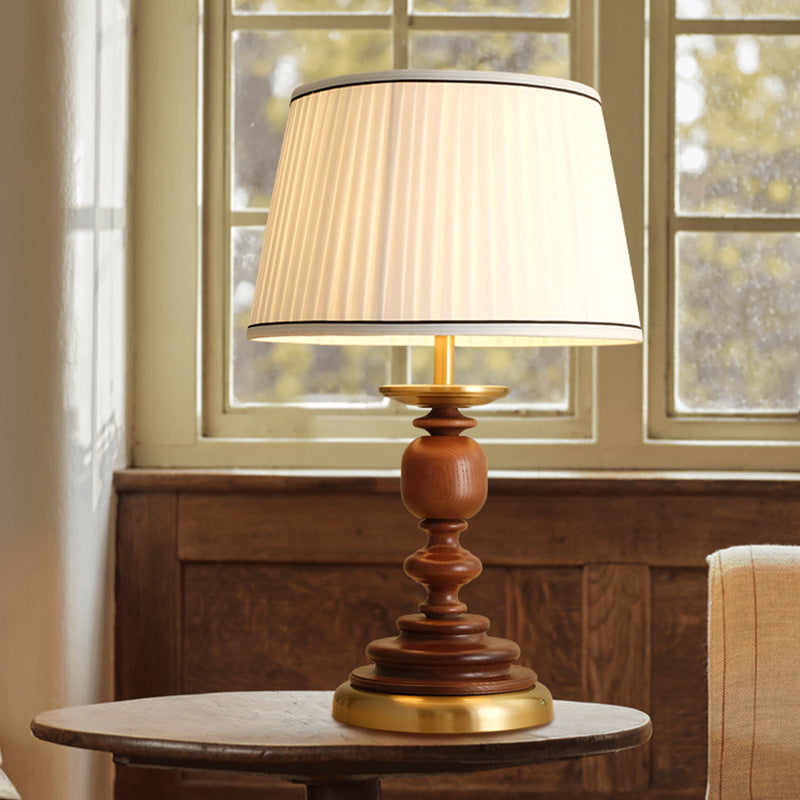 Traditional French Umbrella Shape Fabric Lampshade Solid Wood Base Hardware 1 - Light Table Lamp For Living Room