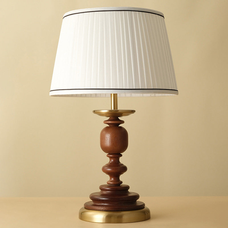 Traditional French Umbrella Shape Fabric Lampshade Solid Wood Base Hardware 1 - Light Table Lamp For Living Room