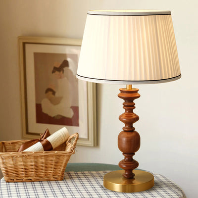 Traditional French Umbrella Shape Fabric Lampshade Solid Wood Base Hardware 1 - Light Table Lamp For Living Room