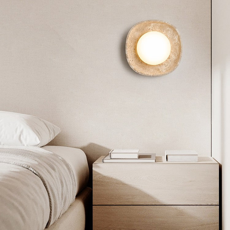 Traditional Japanese Round Yellow Travertine Rotational Molding LED Wall Sconce Lamp For Living Room