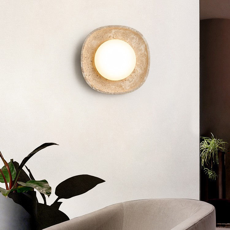 Traditional Japanese Round Yellow Travertine Rotational Molding LED Wall Sconce Lamp For Living Room