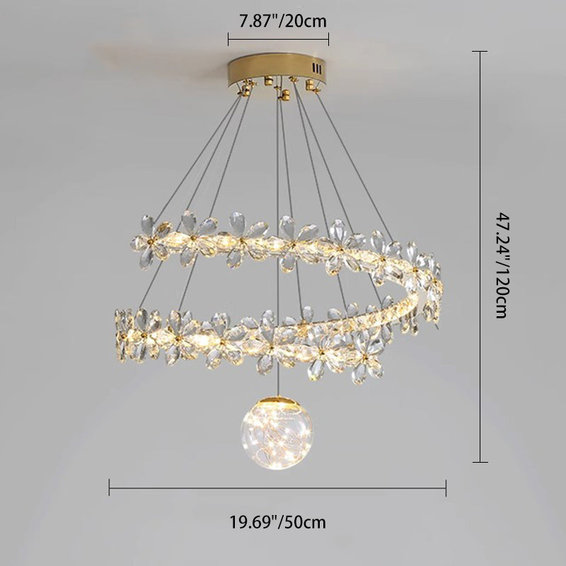 ثريات LED بغطاء مصباح من الفولاذ المقاوم للصدأ على شكل قبة كريستال مع زهور أورب معاصرة لغرفة المعيشة 