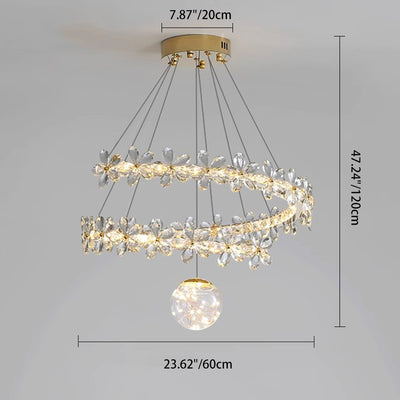 ثريات LED بغطاء مصباح من الفولاذ المقاوم للصدأ على شكل قبة كريستال مع زهور أورب معاصرة لغرفة المعيشة 