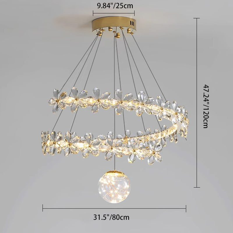 ثريات LED بغطاء مصباح من الفولاذ المقاوم للصدأ على شكل قبة كريستال مع زهور أورب معاصرة لغرفة المعيشة 