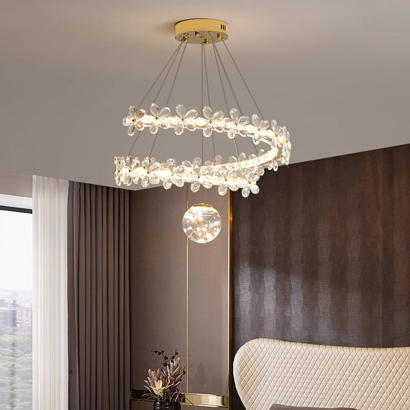ثريات LED بغطاء مصباح من الفولاذ المقاوم للصدأ على شكل قبة كريستال مع زهور أورب معاصرة لغرفة المعيشة 