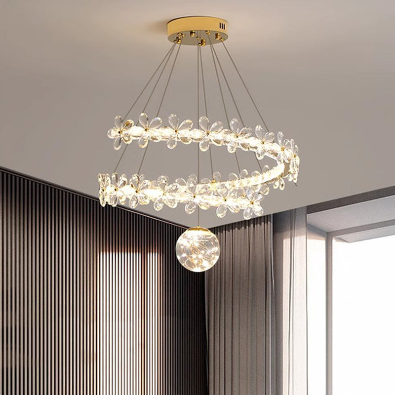 ثريات LED بغطاء مصباح من الفولاذ المقاوم للصدأ على شكل قبة كريستال مع زهور أورب معاصرة لغرفة المعيشة 