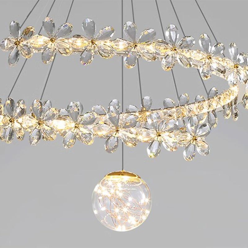 ثريات LED بغطاء مصباح من الفولاذ المقاوم للصدأ على شكل قبة كريستال مع زهور أورب معاصرة لغرفة المعيشة 