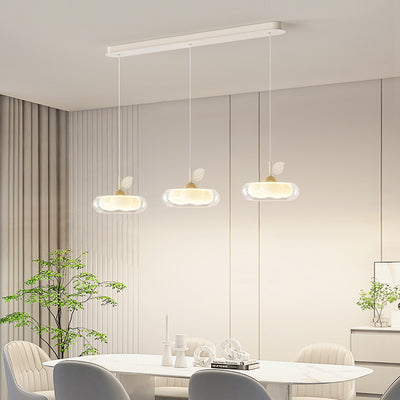 Zeitgenössischer nordischer Cremeblumen-Glaslampenschirm Eisen PE LED Kronleuchter für Esszimmer 