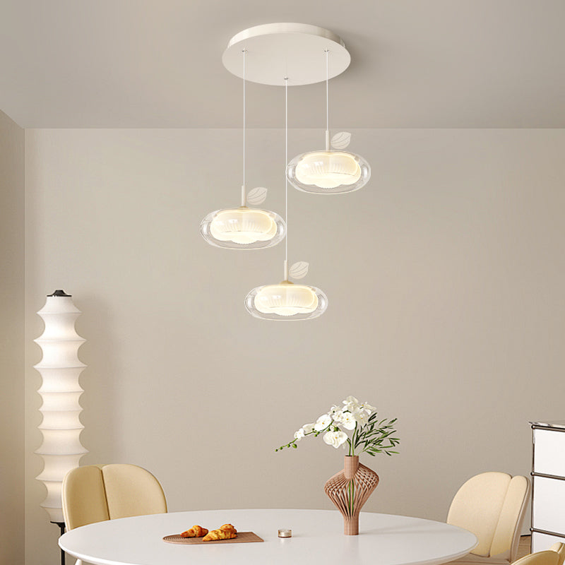 Zeitgenössischer nordischer Cremeblumen-Glaslampenschirm Eisen PE LED Kronleuchter für Esszimmer 