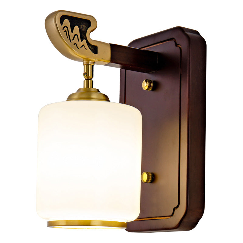 Applique murale 1 lumière en bois et cuivre avec abat-jour en verre en forme de lanterne chinoise traditionnelle pour chambre à coucher 