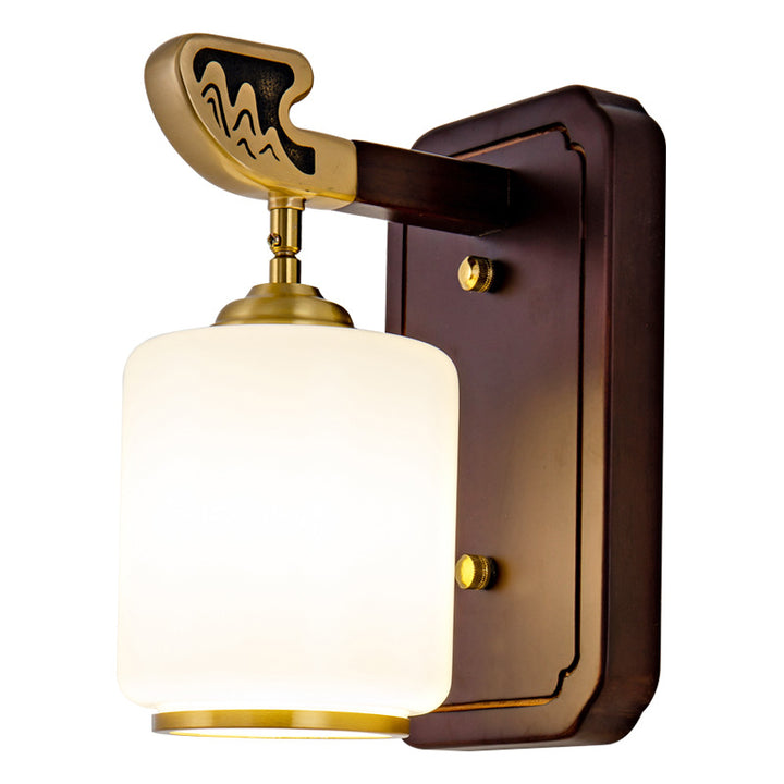 Applique murale 1 lumière en bois et cuivre avec abat-jour en verre en forme de lanterne chinoise traditionnelle pour chambre à coucher 