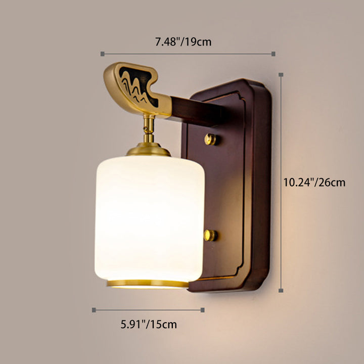 Applique murale 1 lumière en bois et cuivre avec abat-jour en verre en forme de lanterne chinoise traditionnelle pour chambre à coucher 