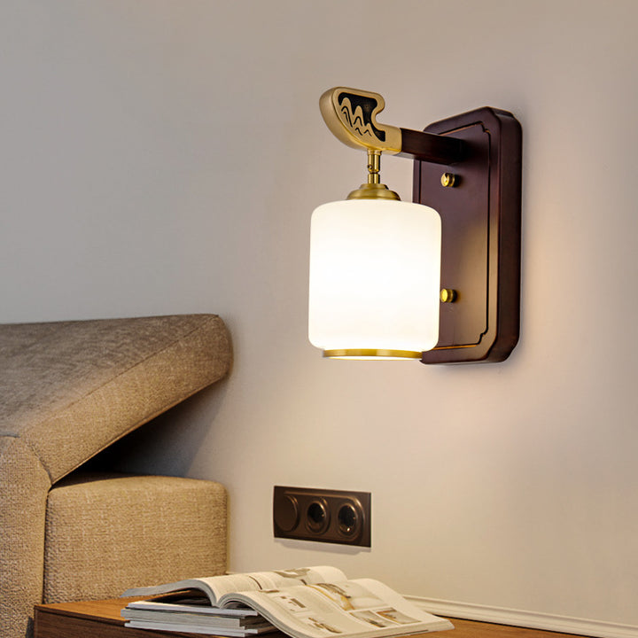 Applique murale 1 lumière en bois et cuivre avec abat-jour en verre en forme de lanterne chinoise traditionnelle pour chambre à coucher 