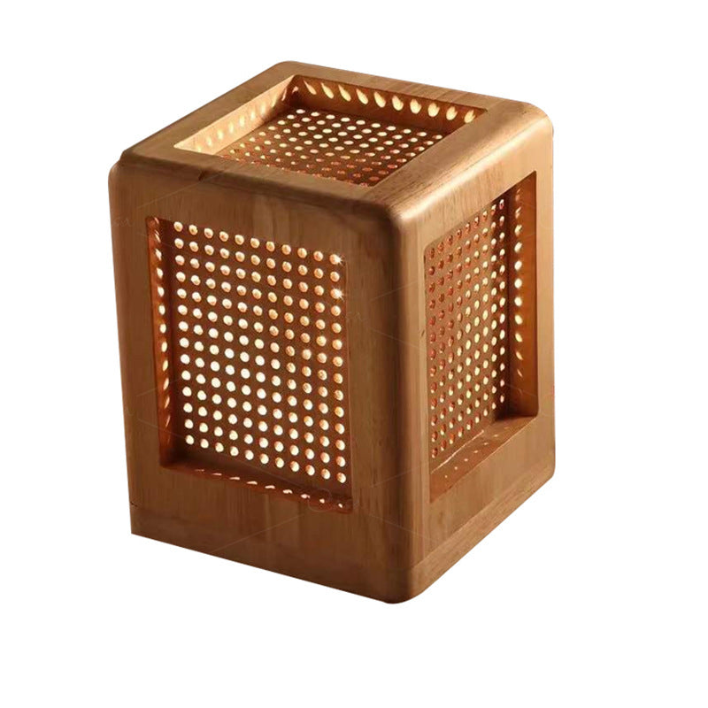 Traditionelle japanische quadratische Würfel-Loch-Gummiholz-1-Licht-Tischlampe für das Schlafzimmer 