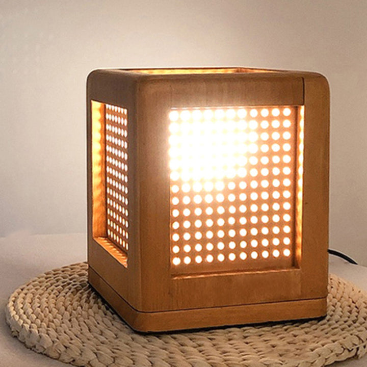 Traditionelle japanische quadratische Würfel-Loch-Gummiholz-1-Licht-Tischlampe für das Schlafzimmer 