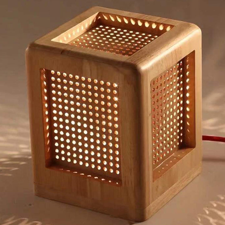Traditionelle japanische quadratische Würfel-Loch-Gummiholz-1-Licht-Tischlampe für das Schlafzimmer 