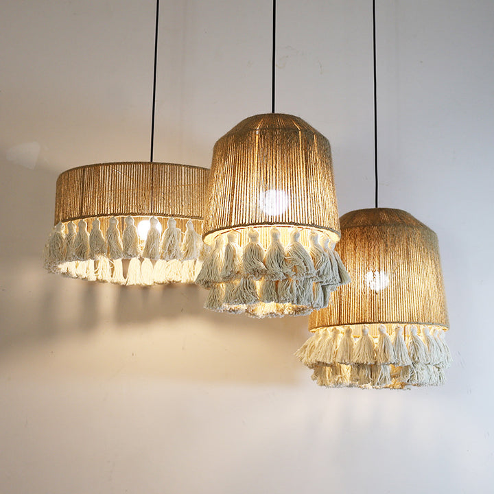Contemporary Boho Dome Round Hemp Rope Weaving Iron 1 - Light Chandeliers For Dining Room
