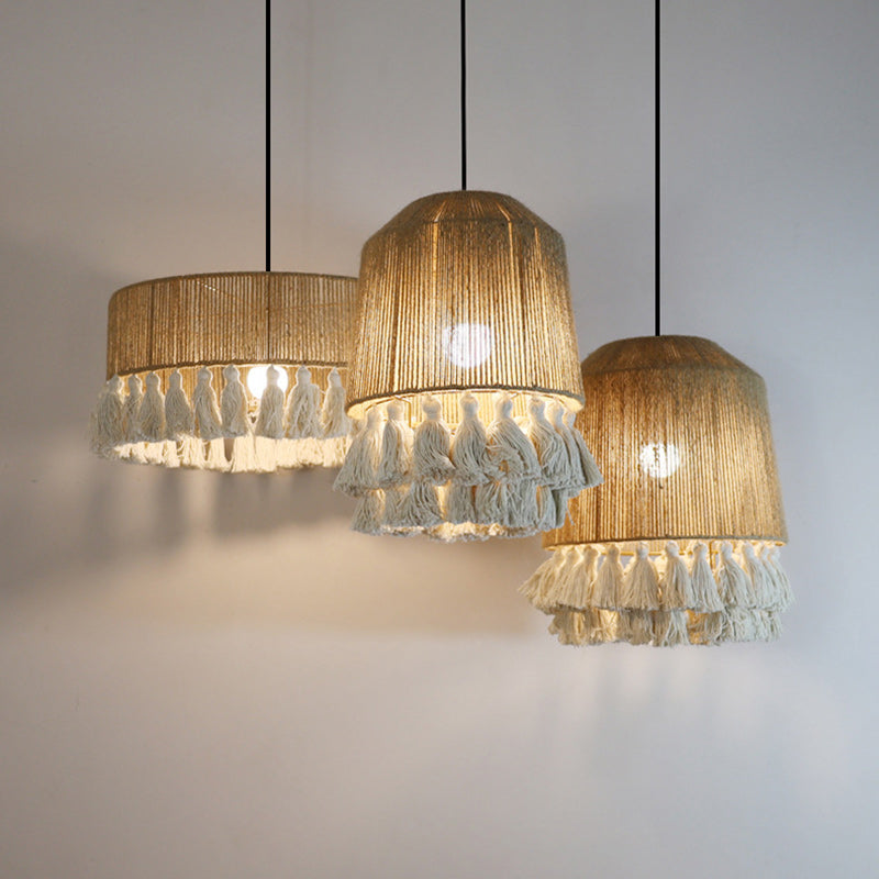 Contemporary Boho Dome Round Hemp Rope Weaving Iron 1 - Light Chandeliers For Dining Room