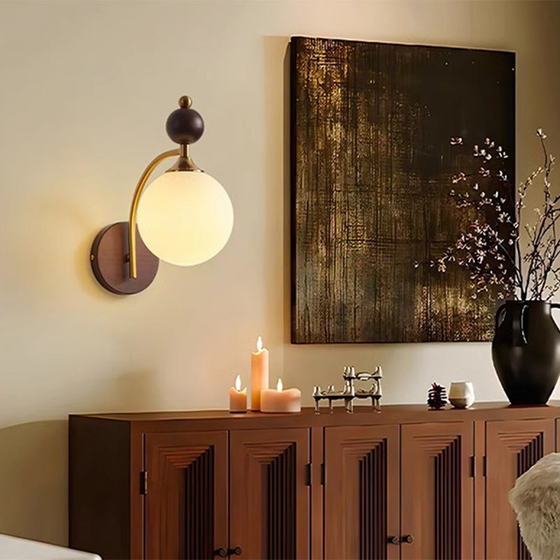 Contemporary Retro Round Glass Lampshade Ash Hardware 1 - Light Wall Sconce Lamp For Living Room