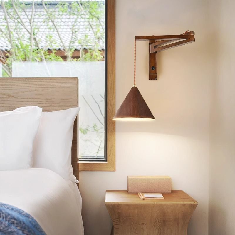 Contemporary Simplicity Cone Rubber Wood Lampshade Iron 1 - Light Wall Sconce Lamp For Living Room