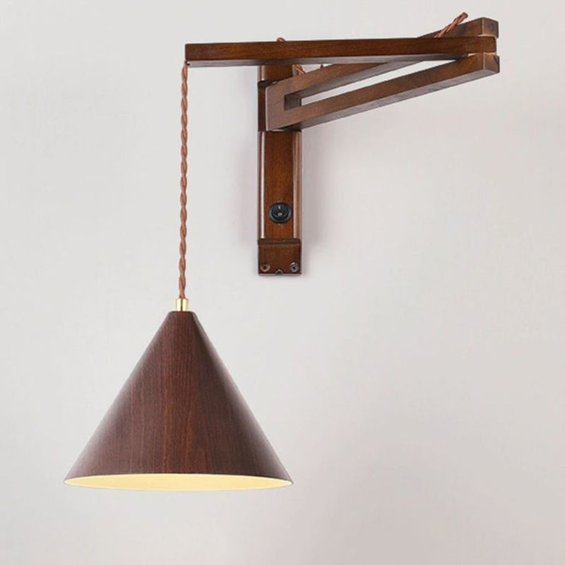 Contemporary Simplicity Cone Rubber Wood Lampshade Iron 1 - Light Wall Sconce Lamp For Living Room