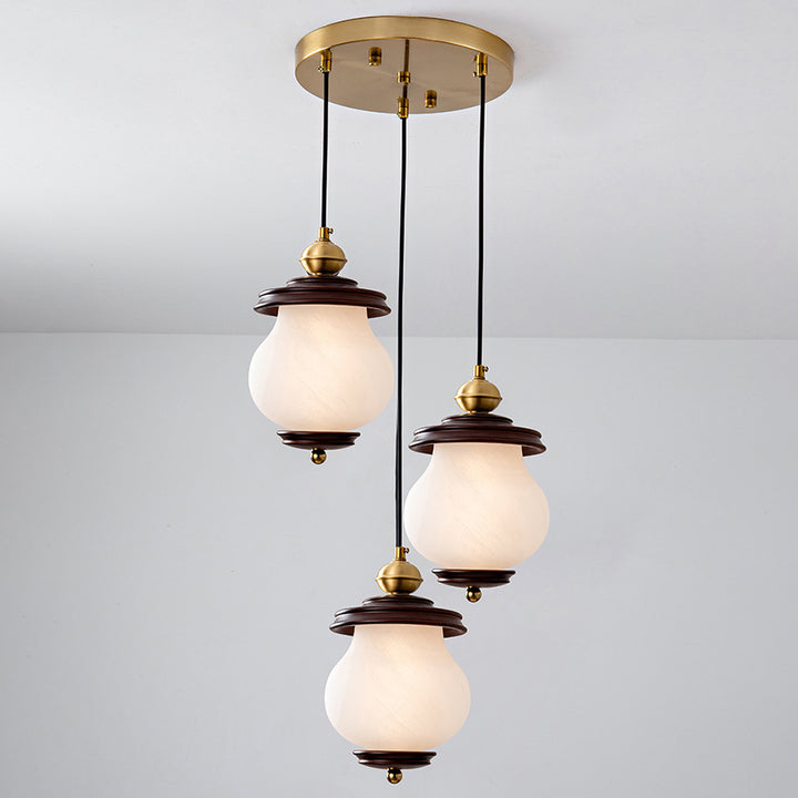 Contemporary Retro Round Bottle Glass Lampshade Walnut Iron 1/3 - Light Chandeliers For Dining Room