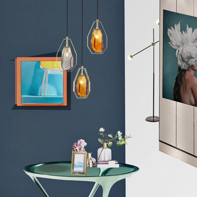 Pantalla de lámpara de hierro de vidrio transparente poligonal escandinavo contemporáneo 1 - Luz colgante para sala de estar 