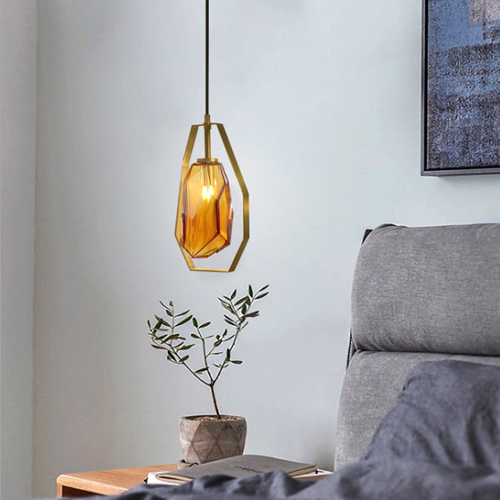 Abat-jour en verre transparent scandinave contemporain en forme de polygone en fer 1 - Suspension lumineuse pour le salon 