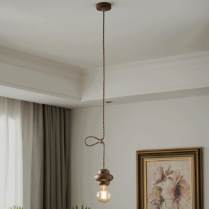 Contemporary Retro Dome Round Walnut Copper 1 - Light Pendant Light For Living Room