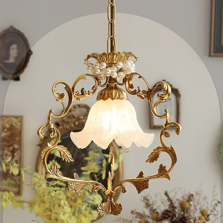 Pantalla de lámpara de vidrio con perlas de latón completo de la mañana tradicional francesa 1 - Luz colgante para sala de estar 