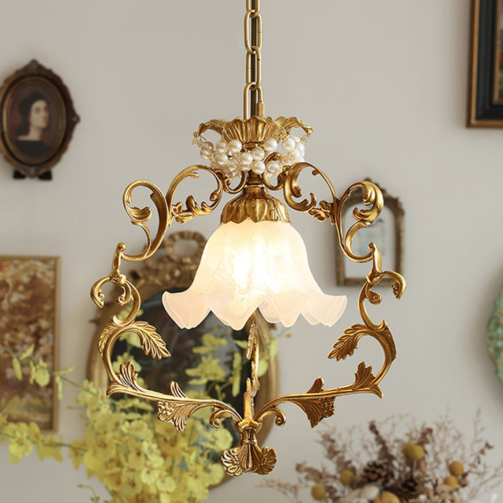 Pantalla de lámpara de vidrio con perlas de latón completo de la mañana tradicional francesa 1 - Luz colgante para sala de estar 