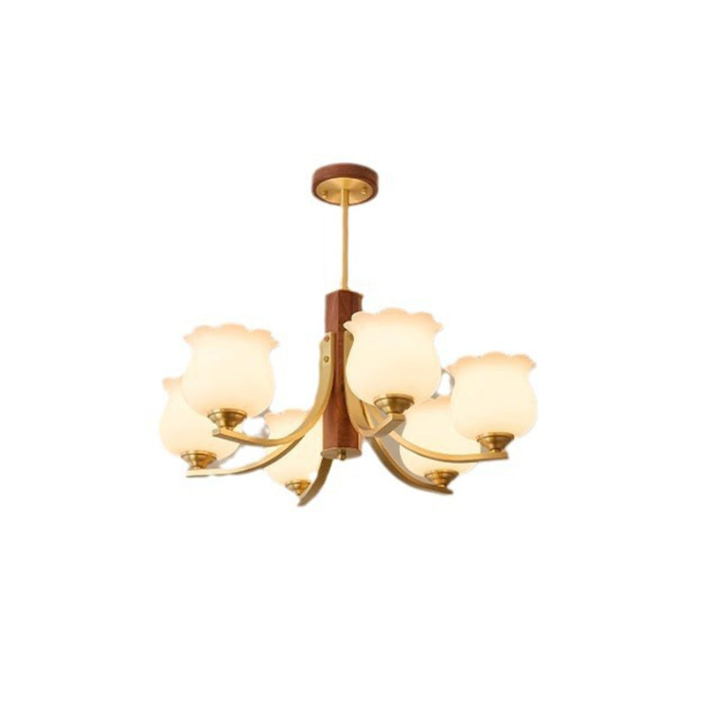 Traditionelle japanische Kuppel Ast Gebogener Stab Blume Oval Kupfer Walnuss Glas Lampenschirm 3/6 - Licht Kronleuchter für Wohnzimmer 