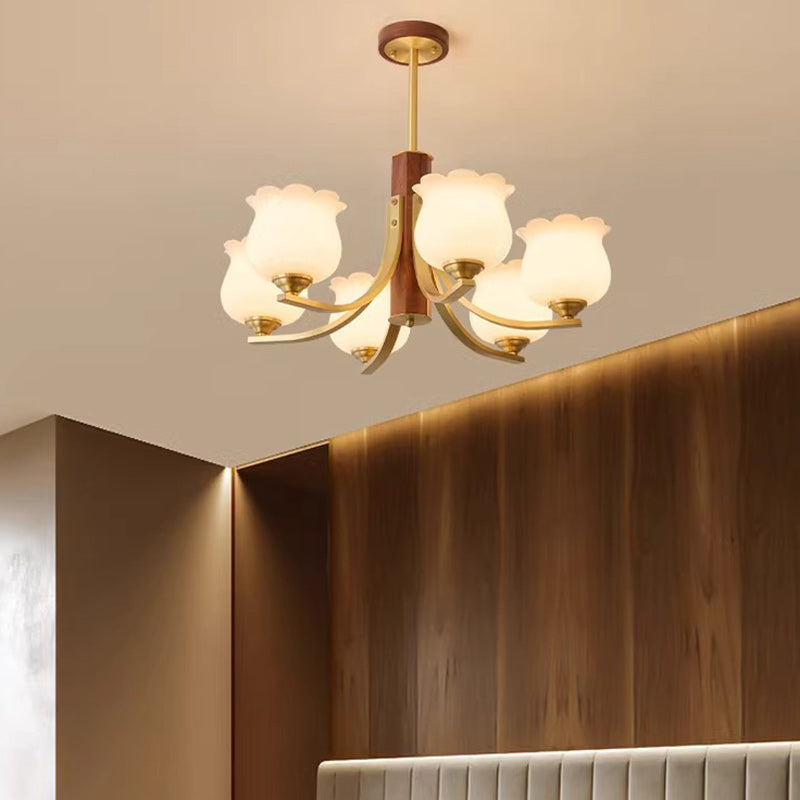 Traditionelle japanische Kuppel Ast Gebogener Stab Blume Oval Kupfer Walnuss Glas Lampenschirm 3/6 - Licht Kronleuchter für Wohnzimmer 