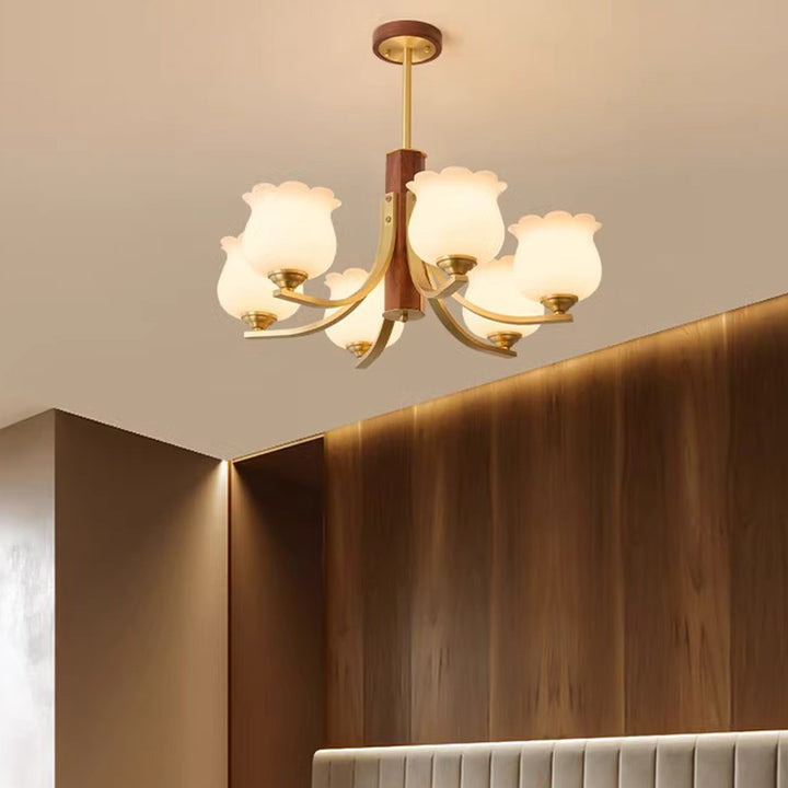 Traditionelle japanische Kuppel Ast Gebogener Stab Blume Oval Kupfer Walnuss Glas Lampenschirm 3/6 - Licht Kronleuchter für Wohnzimmer 