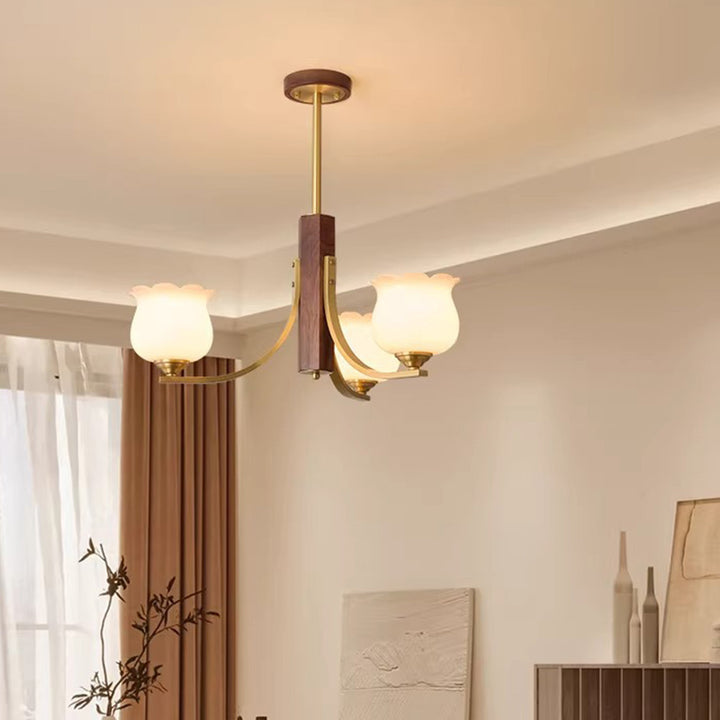 Traditionelle japanische Kuppel Ast Gebogener Stab Blume Oval Kupfer Walnuss Glas Lampenschirm 3/6 - Licht Kronleuchter für Wohnzimmer 