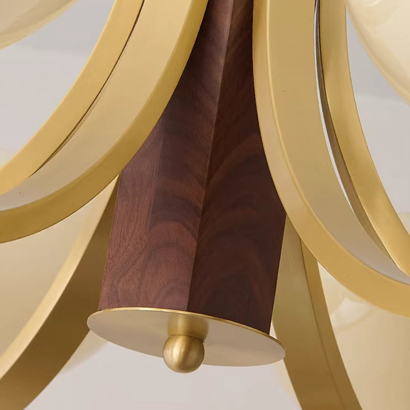 Traditionelle japanische Kuppel Ast Gebogener Stab Blume Oval Kupfer Walnuss Glas Lampenschirm 3/6 - Licht Kronleuchter für Wohnzimmer 