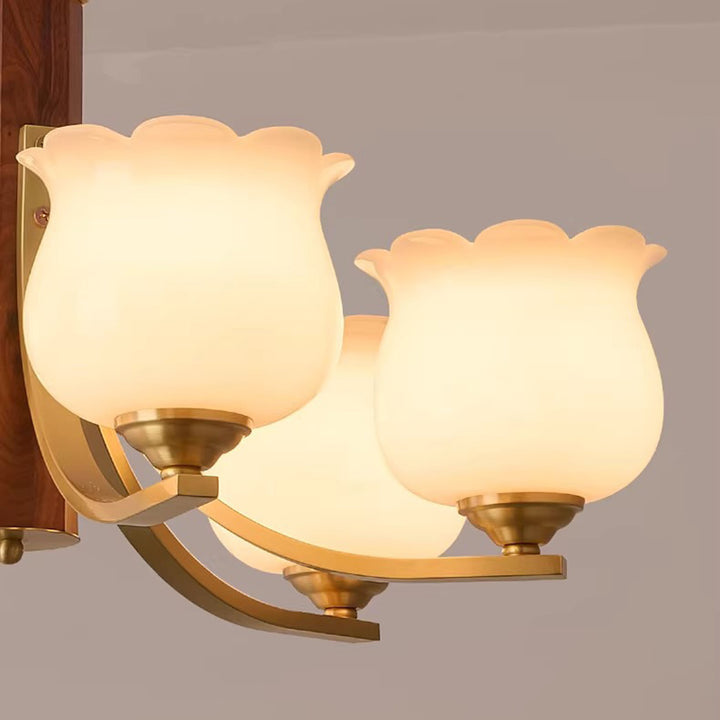 Traditionelle japanische Kuppel Ast Gebogener Stab Blume Oval Kupfer Walnuss Glas Lampenschirm 3/6 - Licht Kronleuchter für Wohnzimmer 