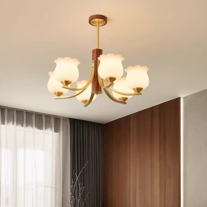 Traditionelle japanische Kuppel Ast Gebogener Stab Blume Oval Kupfer Walnuss Glas Lampenschirm 3/6 - Licht Kronleuchter für Wohnzimmer 