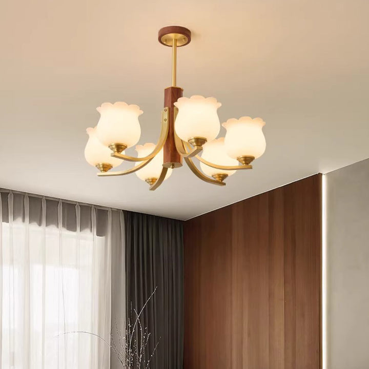Traditionelle japanische Kuppel Ast Gebogener Stab Blume Oval Kupfer Walnuss Glas Lampenschirm 3/6 - Licht Kronleuchter für Wohnzimmer 