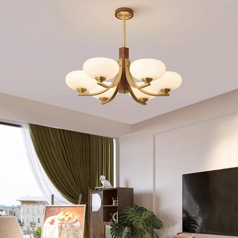 Traditionelle japanische Kuppel Ast Gebogener Stab Blume Oval Kupfer Walnuss Glas Lampenschirm 3/6 - Licht Kronleuchter für Wohnzimmer 