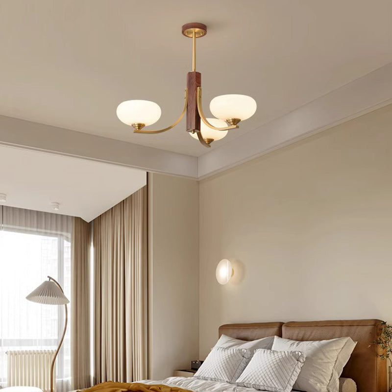Traditionelle japanische Kuppel Ast Gebogener Stab Blume Oval Kupfer Walnuss Glas Lampenschirm 3/6 - Licht Kronleuchter für Wohnzimmer 