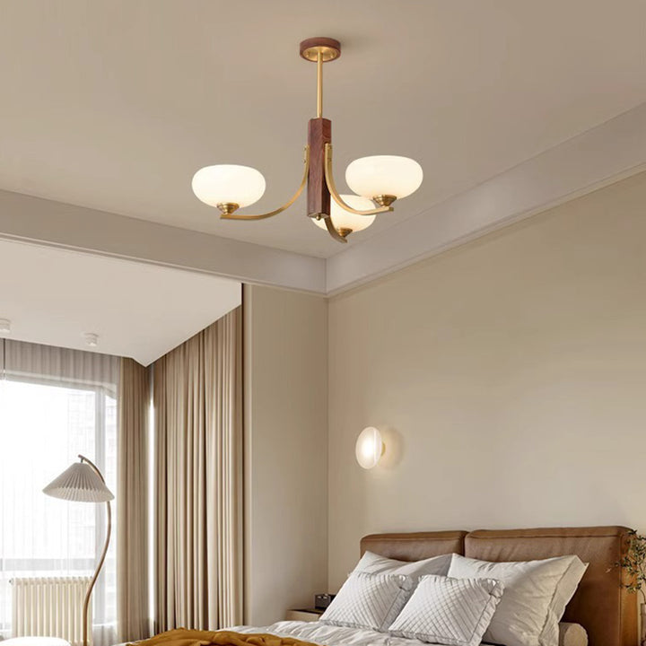 Traditionelle japanische Kuppel Ast Gebogener Stab Blume Oval Kupfer Walnuss Glas Lampenschirm 3/6 - Licht Kronleuchter für Wohnzimmer 