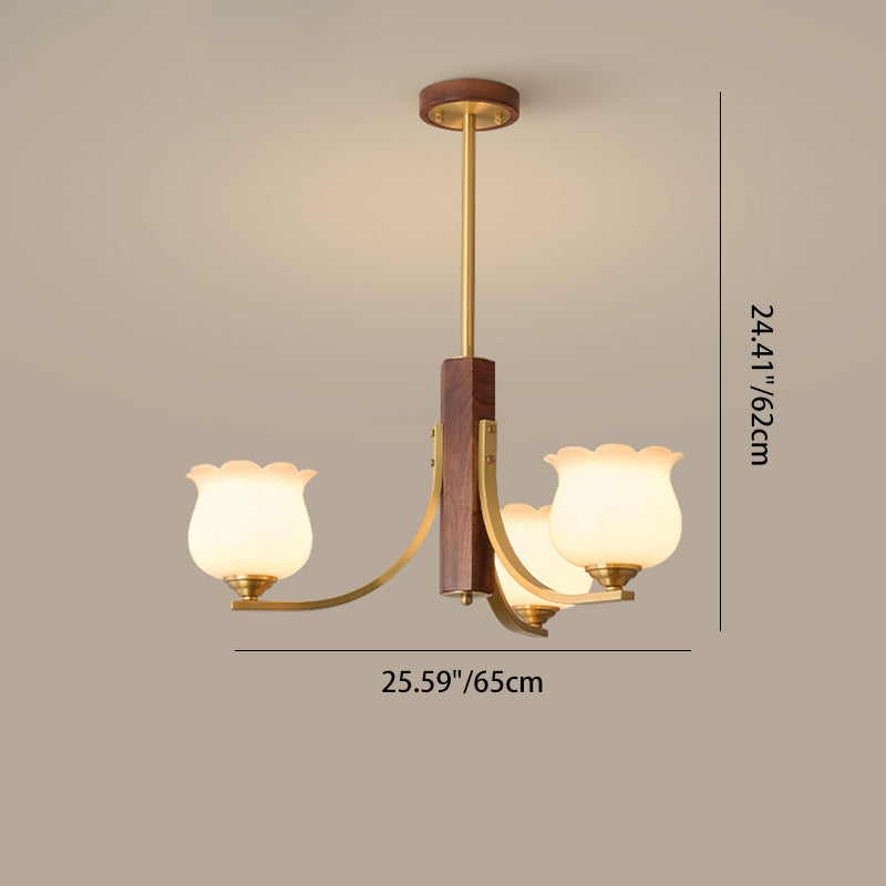 Traditionelle japanische Kuppel Ast Gebogener Stab Blume Oval Kupfer Walnuss Glas Lampenschirm 3/6 - Licht Kronleuchter für Wohnzimmer 