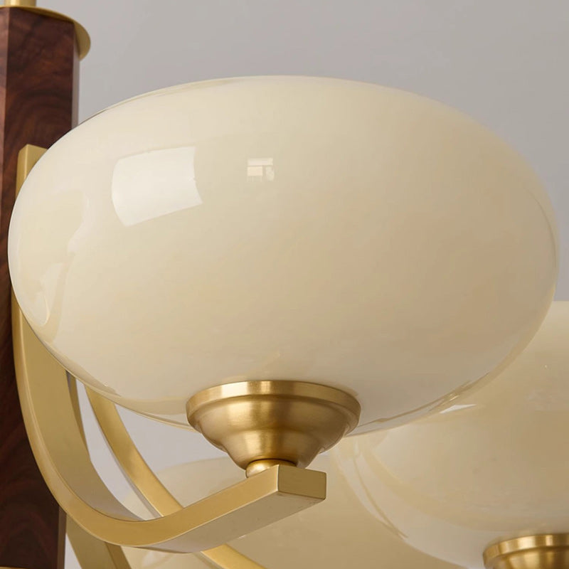 Traditionelle japanische Kuppel Ast Gebogener Stab Blume Oval Kupfer Walnuss Glas Lampenschirm 3/6 - Licht Kronleuchter für Wohnzimmer 