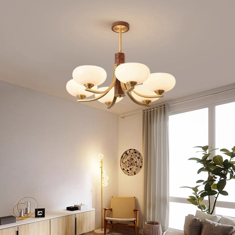 Traditionelle japanische Kuppel Ast Gebogener Stab Blume Oval Kupfer Walnuss Glas Lampenschirm 3/6 - Licht Kronleuchter für Wohnzimmer 