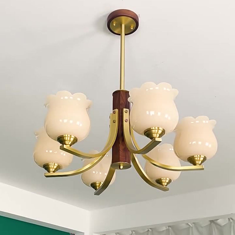Traditionelle japanische Kuppel Ast Gebogener Stab Blume Oval Kupfer Walnuss Glas Lampenschirm 3/6 - Licht Kronleuchter für Wohnzimmer 