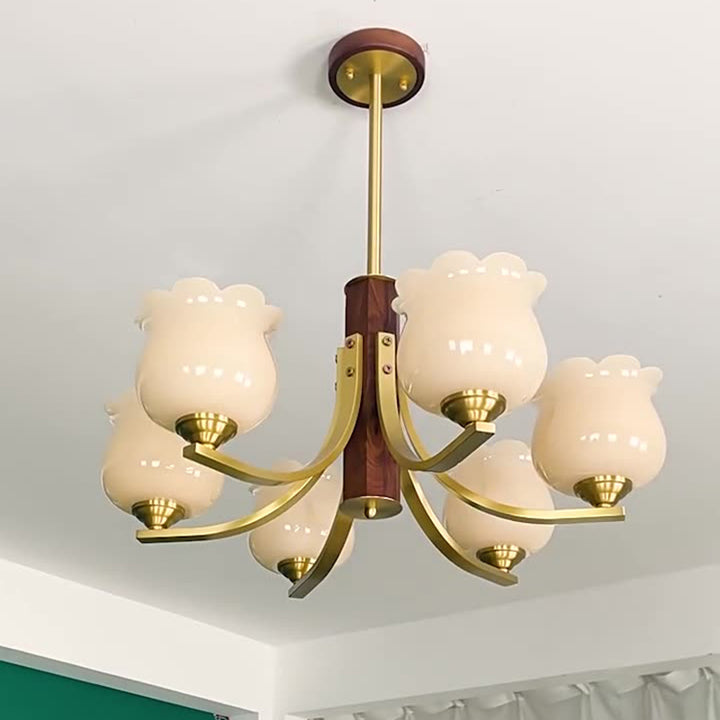 Traditionelle japanische Kuppel Ast Gebogener Stab Blume Oval Kupfer Walnuss Glas Lampenschirm 3/6 - Licht Kronleuchter für Wohnzimmer 