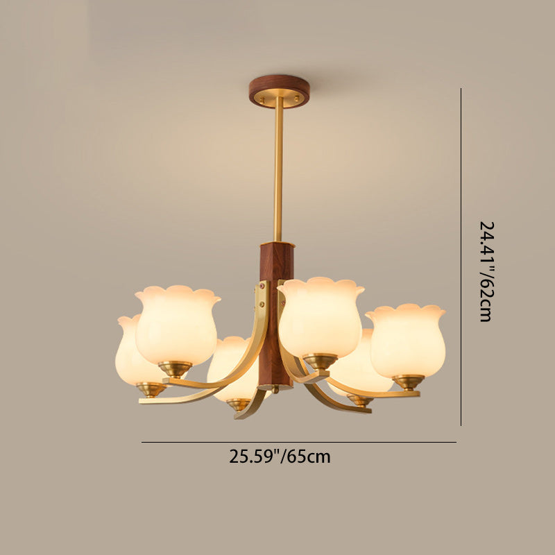 Traditionelle japanische Kuppel Ast Gebogener Stab Blume Oval Kupfer Walnuss Glas Lampenschirm 3/6 - Licht Kronleuchter für Wohnzimmer 