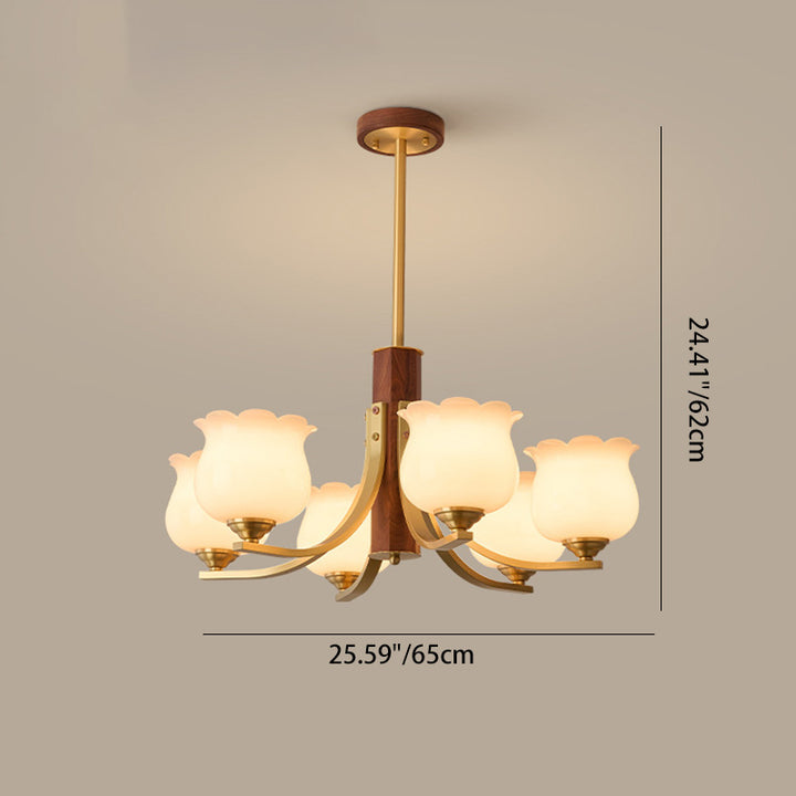 Traditionelle japanische Kuppel Ast Gebogener Stab Blume Oval Kupfer Walnuss Glas Lampenschirm 3/6 - Licht Kronleuchter für Wohnzimmer 