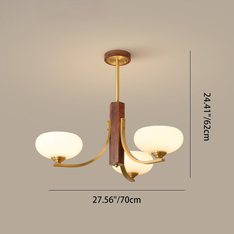 Traditionelle japanische Kuppel Ast Gebogener Stab Blume Oval Kupfer Walnuss Glas Lampenschirm 3/6 - Licht Kronleuchter für Wohnzimmer 
